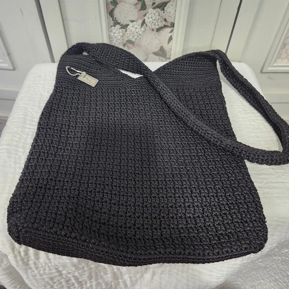 Vtg Jacqueline Ferrar Black Crochet Hobo Shoulder Bag Slouchy Knit Tote Bohemian